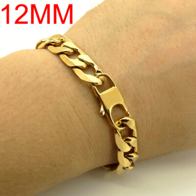 12mm Stainless Steel Bracelet for Men Jewelry 18K Gold Plated Curb Links Polish