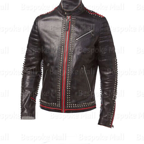 Pre-owned Handmade Men's Black Full Silver Studded Red Lining Unique Biker Leather Jacket-949