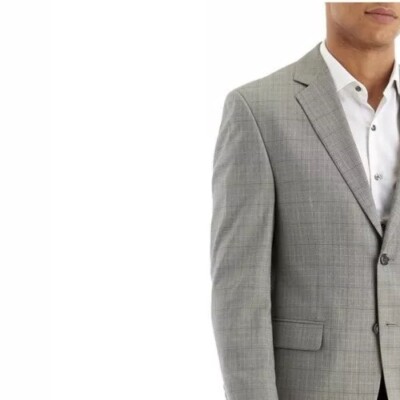 Pre-owned Perry Ellis Modern Stretch Fit 2-button Plaid Suit Jacket Size 38 R Gray