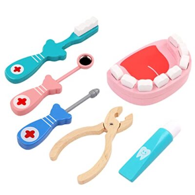 XLKJ Set da 6 Pezzi Set per Giocare al Dottore，Legno Giocattoli Dentista Bambini