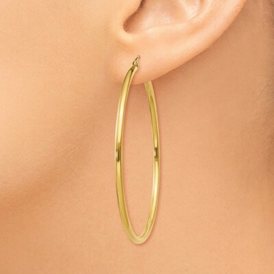 Pre-owned Wishing For Claudia 14k Yellow Gold Polished Plain Round Hoops Hollow Hoop Earrings 2mm 2" Length