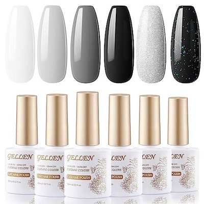 Gellen Gel Nail Polish Kit 6 Colors White Gray Black Glitter Gel Polish SetSo...