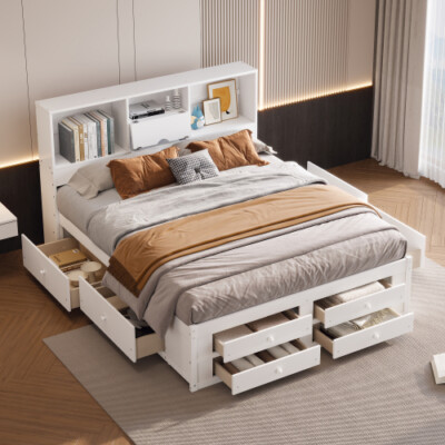 Queen King Size Platform Bed with Storage Drawers Bookcase Headboard Bed Frames