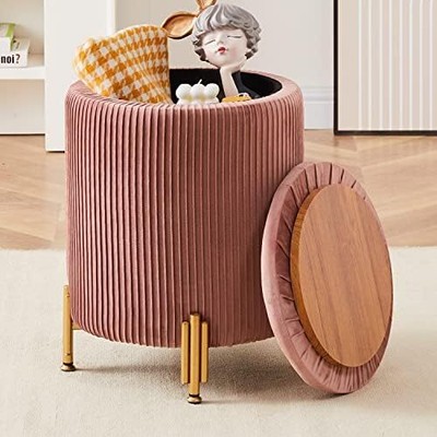 Round Ottoman Foot Stool with 23Qt Storage Velvet Footrest Vanity Stool Chair