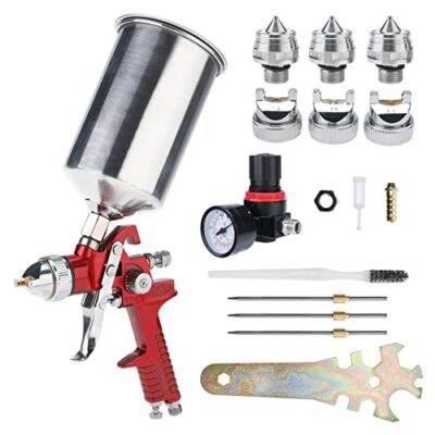 Automotive Paint Spray Gun with Pressure Gauge, 3 Nozzles,1000cc Aluminum Cup