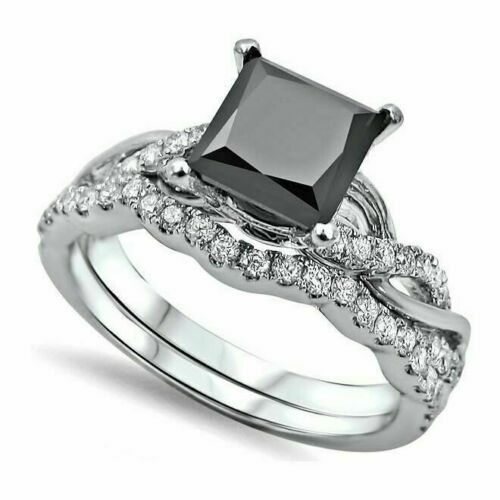 Pre-owned Natsoul 4ct Princess Cut Black Diamond Bridal Set Engagement Ring 925 Sterling Silver