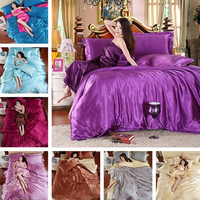 4Pcs Pure Color Natural Silk Bedding Sets Quilt Bed Sheets Pillow Cases