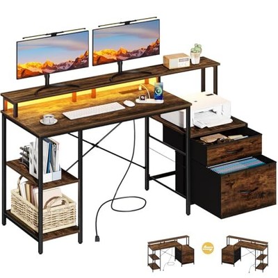 Computer Desk, Gaming Desk with LED Lights & Outlets, 59'' Office Rustic Brown