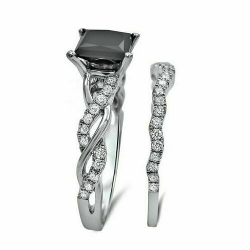 Pre-owned Natsoul 4ct Princess Cut Black Diamond Bridal Set Engagement Ring 925 Sterling Silver
