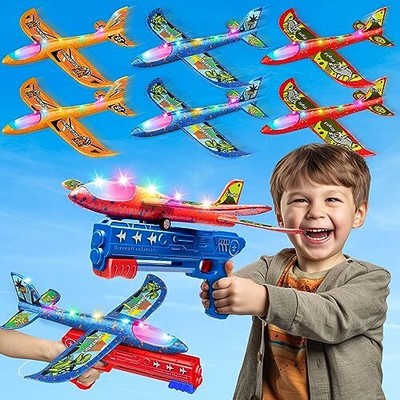 6 Pack LED Airplane Launcher Toys with 2 Launchers, 2 Flight Mode Glider Cata...