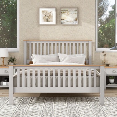 Country Gray Platform Bed With Oak Top For Home Bedroom