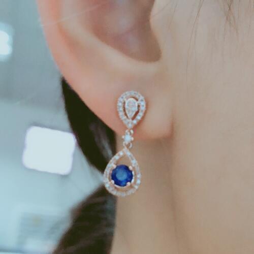Pre-owned Jewe2004 Natural Diamond Round Blue Sapphire Drop Earrings Solid 14k Rose Gold Jewelry
