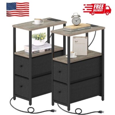 Small Narrow End Table with Charging Station, Set of 2, Side Table