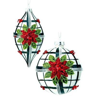 Black and White Plaid Poinsettia Blown Glass Ornaments - Set of 2 Christmas Tree