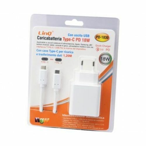 Caricabatteria Alimentatore Type-C Tipo C PD 18W Con Uscita Usb Linq PD-1830