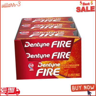 Dentyne Fire Spicy Cinnamon Sugar Free Gum, Pack of 9 (144 Total Pieces)