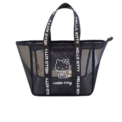 New SANRIO Hello Kitty Black LARGE Mesh Shopping Handbag Flower Tote Purse Bag
