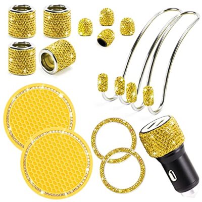 ToBeQueen 15 Pack Yellow Bling Car Accessories Set for WomenHead Rest Bling R...