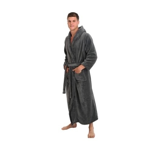 Men's Hooded Steel Bathrobe Gray Fleece Small Medium Full Length Spa Robe Micro