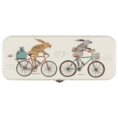 NOW DESIGNS DANICA 'WILD RIDERS' PENCIL BOX 8.5X3''X2'' BIKES AND BUNNIES! AQUA