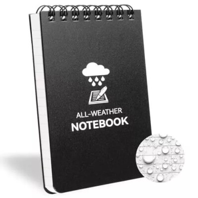 Waterproof Notebook, 3 x 5'' Pocket Notepad, Weatherproof Spiral 3x5'' Black