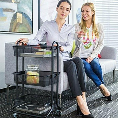 3-Tier Utility Carts Metal Mesh Rolling Storage Handle Black
