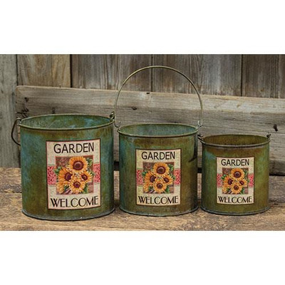 Set of Three Sunflower Welcome Metal Buckets