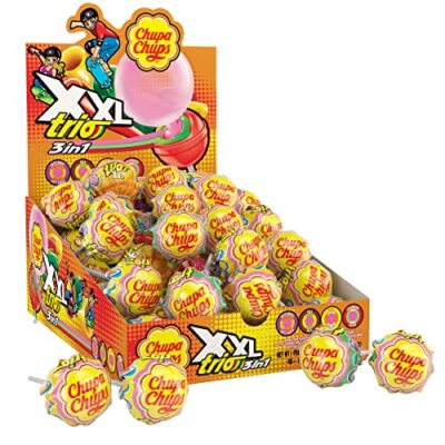 Chupa Chups XXL Trio 3-in-1 Bubble Gum Filled Lollipops Candy, Assorted Two-i...
