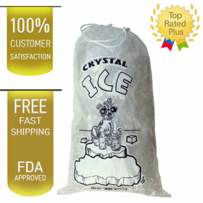 100 COMMERCIAL CRYSTAL 10 LB LBS 1.5 MIL Plastic Ice Bag Bags With Drawstring
