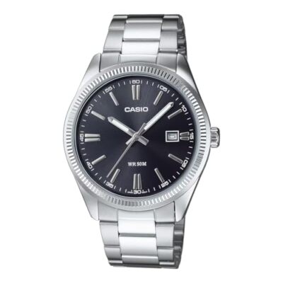 Casio MTP1302D-1A1V Wristwatch, Stainless Steel Band, Silver with Black Face