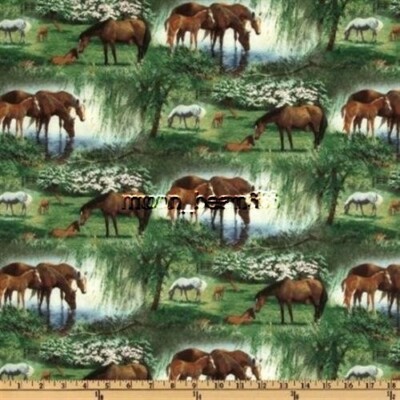 2/3 Yard Weeping Willow Horses Scenic Green Cotton Fabric Willow Brook