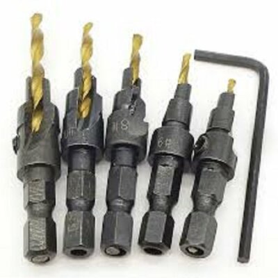 5 pcs HSS Countersink Drill Bit Set Quick Change 1/4'' Hex Shank Trim Screw #5 #6