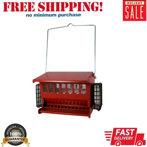 Bird Feeder Squirrel Proof Heavy Duty Metal Hanger Double Sided Hopper Red