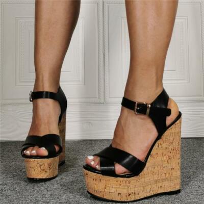 cork platform wedges slingback ankle buckle strap sandals