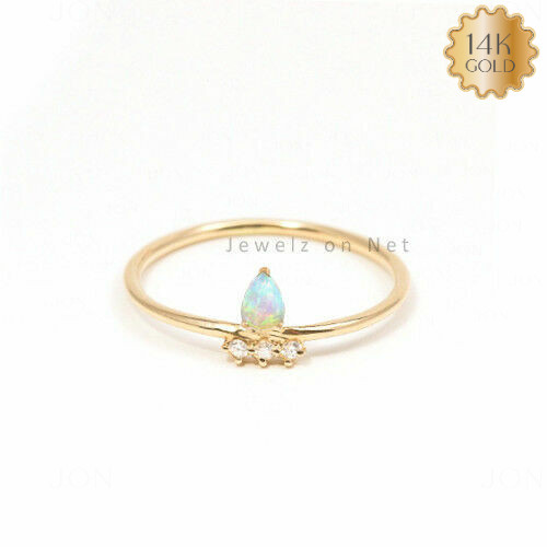 14K Yellow Gold Natural Opal Diamond Band Ring Fine Handmade Jewelry Size 3-8