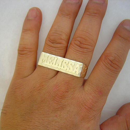 Pre-owned Nsg Solid Metal Men's Customized 2 Finger Name Ring 14k Yellow Gold Plated Silver