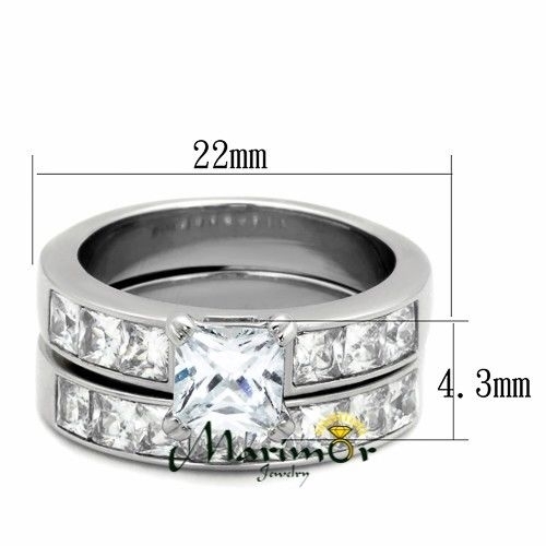 Stainless Steel Wedding Ring Set 3.75 Ct Princess Cut AAA CZ  Women's Size 5-11
