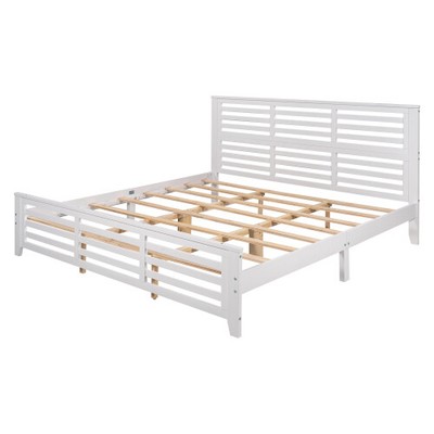 King size Wooden Platform bed with horizontal strip hollow shape Headboard White
