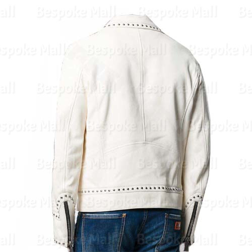 Pre-owned Handmade Man's  Half White Silver Studded Punk Cowhide Leather Jacket- 61