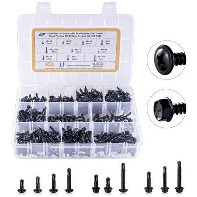 380Pcs Self Drilling Screws Assortment Kit 410 Stainless Steel #8 Hexagon Was...