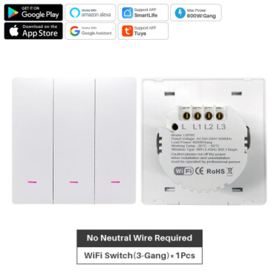Smart Wifi Switch 220V No Neutral Wire Required 1/2/3 Gang Wall Light Button 