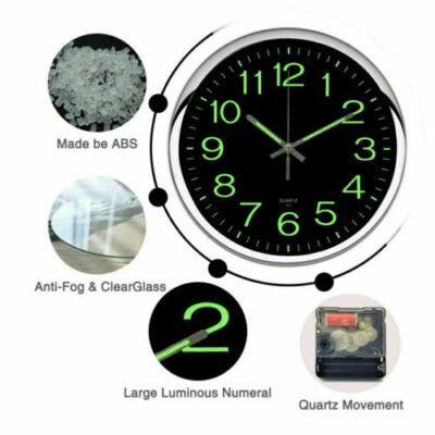 Large Wall Clock Glow In Dark Silent Quartz Indoor Outdoor Luminous Decor 12''