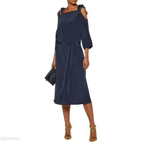 TIBI Navy Cutout Cold Shoulder Tie Straps Belted Sash Silk Midi Dress XS = 0/2