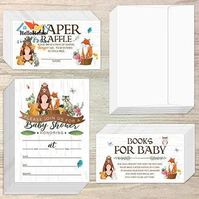 Sets of 28 Woodland Animal Baby Shower Invitations Diaper Raffle Tickets...