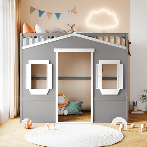 S Platform Bed House Loft Bed With Ladder Gray+white New