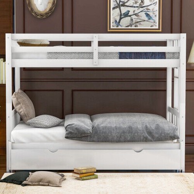 Twin Over Twin/King Pull-Out Bunk Bed with Trundle, Wooden Accommodate 4 People