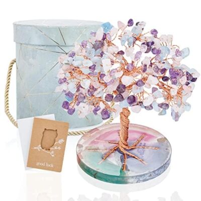 7 Chakra Healing Crystals Tree Amethyst Aquamarine Leaf Agate Base Home Decor