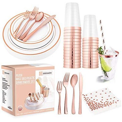 250 Piece Disposable Rose Gold Plastic Dinnerware Set 50 Rose Gold Plastic Plate