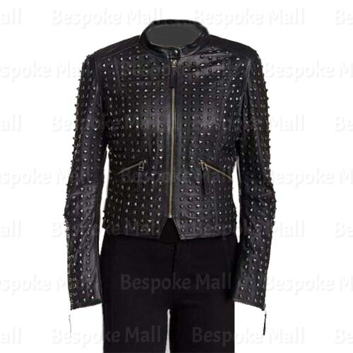 Pre-owned Handmade Women's Black Punk Unique Silver Studded Zipper Cowhide Leather Jacket-284