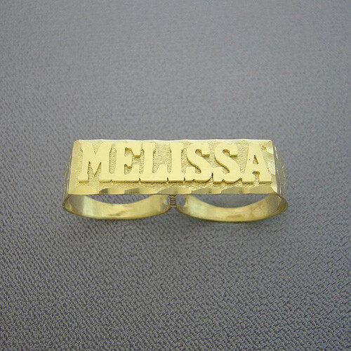 Pre-owned Nsg Solid Metal Men's Customized 2 Finger Name Ring 14k Yellow Gold Plated Silver